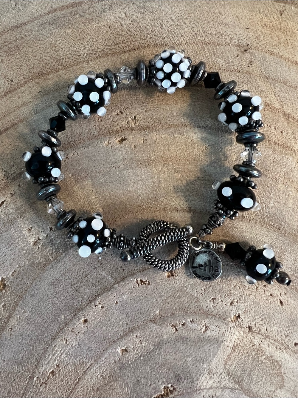 Black & White Polka Dot Beaded Bracelet with Toggle Clasp